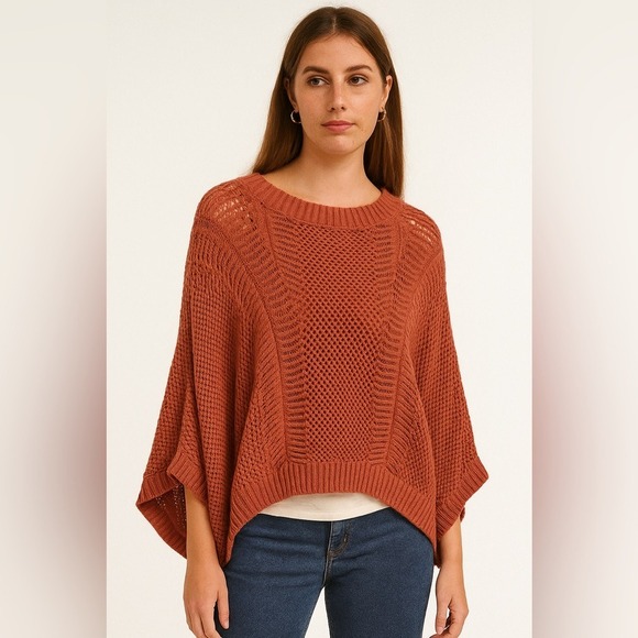 Jessica Simpson Tops - essica Simpson Open Crochet Batwing Sweater Rust Boho Festival Medium